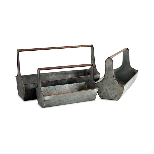 Set of Galvanized Tin Metal Rectangular Kitchen or Garden Baskets 3 